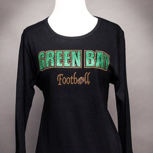 Green Bay Football 3/4th-Sleeve Black Rhinestone Shirt