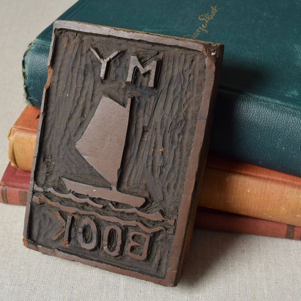 Vintage Wood Hand Carved Block MY BOOK Bookplate. Nautical Decor with Sailboat. Kids Bunkroom Camp Cabin Library Decor.