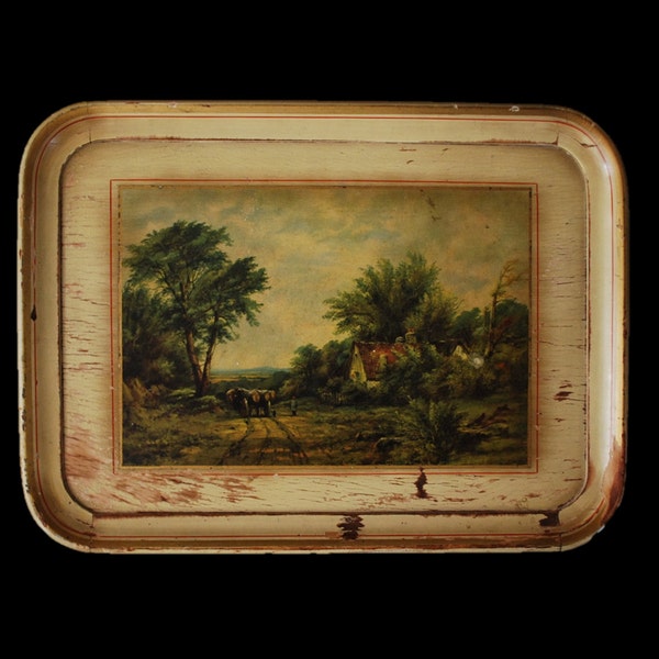 Huge Vintage Robinhood Ware Tray. 23x17" Shabby cottage decor for country home. Tray top for ottoman or wall art. Signed pastoral painting.