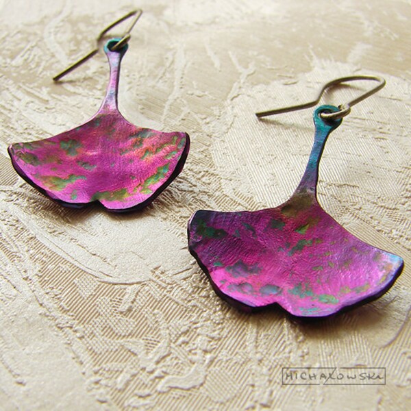 purple turquoise leaves leaf ginko ginco titanium earrings light durable modern minimalistic dangle hypoallergenic