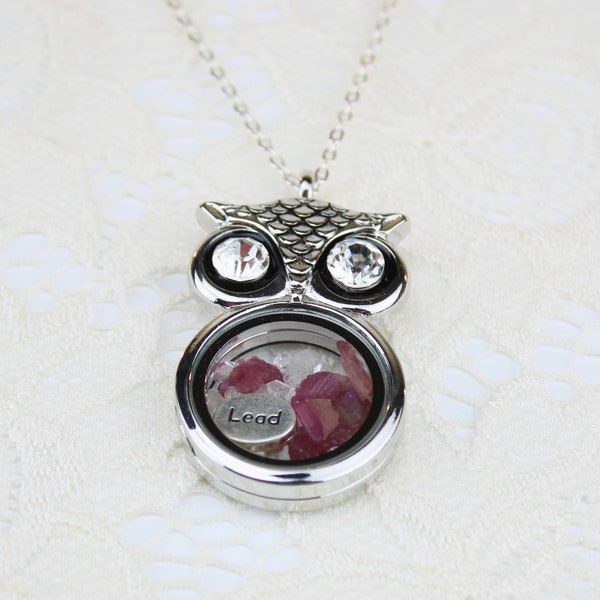 Empowerment Owl Necklaces with Pink Tourmaline and Herkimer Diamond Gem Stones with Lead Charm, Handmade and One of a Kind