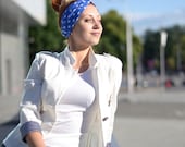 Blue White Happy Dots Headband, Twisted Head Wrap, Stretchy Cotton Hair Band, Turban Twist Headband - Stylish summer accessories