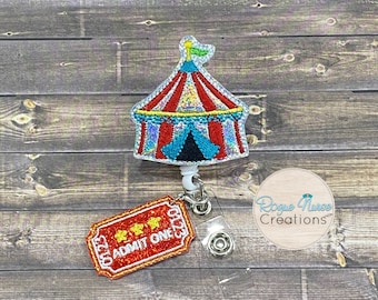 Circus Tent with Red Dangle Admit One Ticket, Retractable Badge Reel, Silver Glitter,  ID Badge Holder