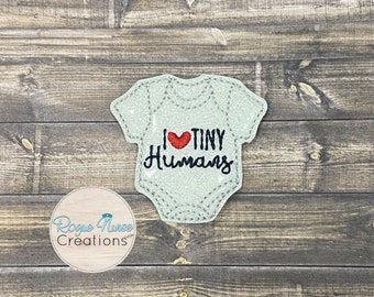 White Glitter “I love tiny humans” Infant Onsie Embroidered Retractable Badge Reel, Labor and Delivery Nurse Badge, Nurse Gift, MRI Safe