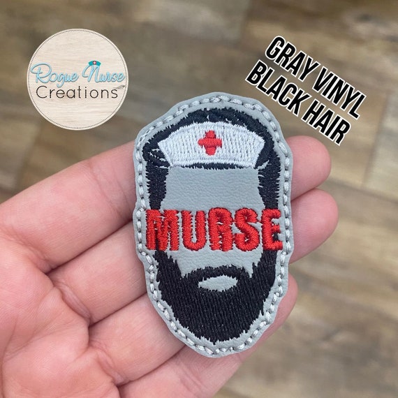 Murse Embroidered Badge Reel, male Nurse Gray Vinyl with Black Beard Retractable Badge Reel, Nurse Badge Reel, Nurse Gift