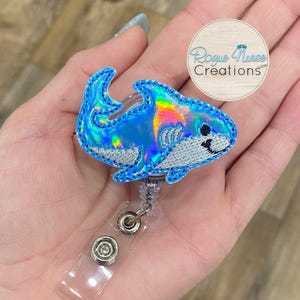 Blue Iridescent Embroidered Shark Retractable Badge Reel, Ocean Shark Badge Buddy, Retractable Shark Badge Holder, Cute Badge Reel