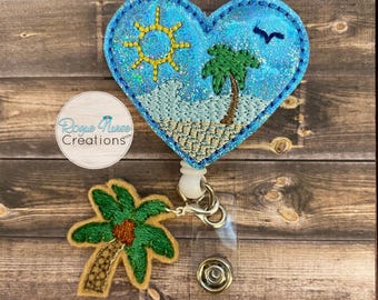 Blue Glitter Heart Beach with Palm Tree Dangle Retractable Badge Reel, Cute Badge Buddy, Summer Badge Reel