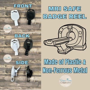 Op de afbeelding: Witte en zwarte MRI-veilige badge-rollen. De badge-rollen zijn gemaakt van plastic en niet-ferrometalen. De afbeelding toont de voor-, achter- en zijkant van de badge-rollen.