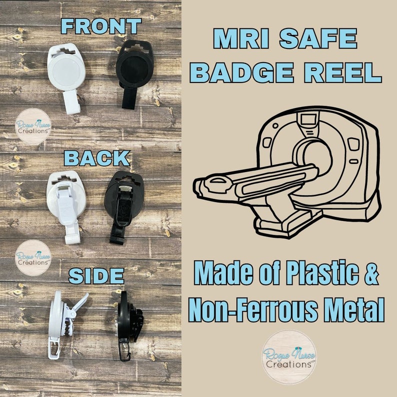 Op de afbeelding: Witte en zwarte MRI-veilige badge-rollen. De badge-rollen zijn gemaakt van plastic en niet-ferrometalen. De afbeelding toont de voor-, achter- en zijkant van de badge-rollen.