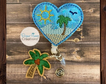 Blue Glitter Heart Beach with Palm Tree Dangle Retractable Badge Reel, Cute Badge Buddy, MRI Safe Badge Reel Option
