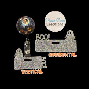 Silver Holographic Glitter Acrylic Halloween Badge Topper, Boo! With Wispy Ghost Badge Topper, Halloween Ghost Badge Topper for Name Badge