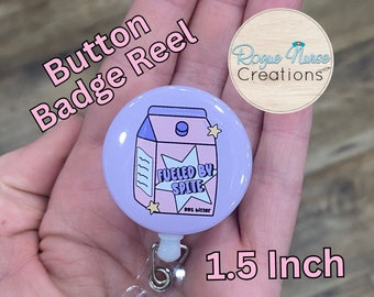 Fueled By Spite 99 Percent Bitter Button Style Retractable Badge Reel, Carton Of Spite With A Lavender Background. Sarcastic Badge Buddy