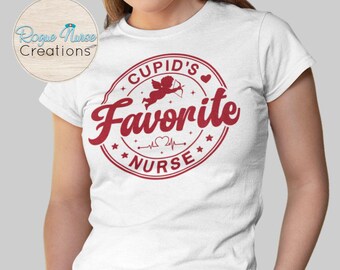May include: White t-shirt with a red circle graphic that says "Cupid's Favorite Nurse" with a heart and a cupid with an arrow inside the circle.