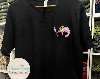 Cowboy Shrimp Embroidered T-Shirt, Cute Shrimp Wearing a Cowboy Hat, Embroidered on The Left Chest, Funny YeeHaw Shrimp Embroidered T-Shirt