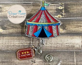 Circus Tent with Dangle Admit One Ticket Glitter Acrylic/Epoxy Retractable Badge Reel, Circus Theme Work Environment Badge Holder,Cute Badge