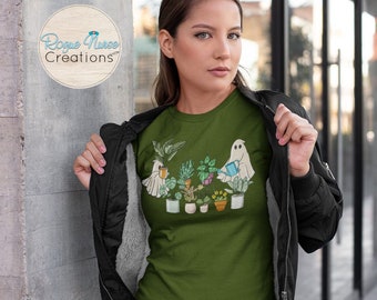 Ghosts with Plants Graphic T-Shirt, Featuring Gardening Ghosts, Fall Ghosts that love plants Graphic T-Shirt, Halloween Ghosts and Plants