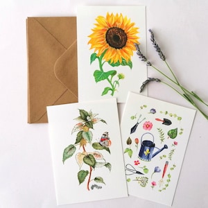 Nature Love, set di 3 bigliettini di illustrazioni ad acquerello e matita a colori. Farfalla su pianta, girasole e giardinaggio.