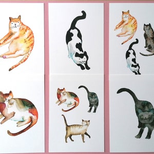 Gatos sorridentes, conjunto de 6 ilustrações fofas de gatinhos em aquarela em cartões + envelopes. Arte animal alegre em papel ecológico.