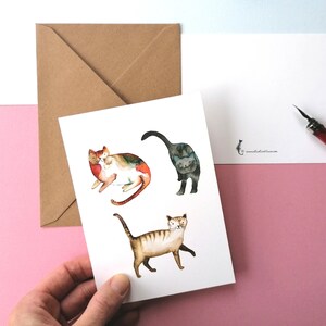 Lieve katten, een prachtig notitiekaartje van een aquarelillustratie. Gelukkige dierenkunst met een glimlach :).