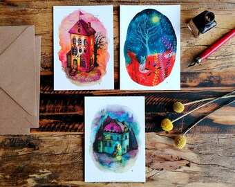 Fairy Tale Nights. Set of 3 Notecards+envelopes of whimsical ink & watercolour illustrations. Imaginary houses, fox, starry night, galaxy.