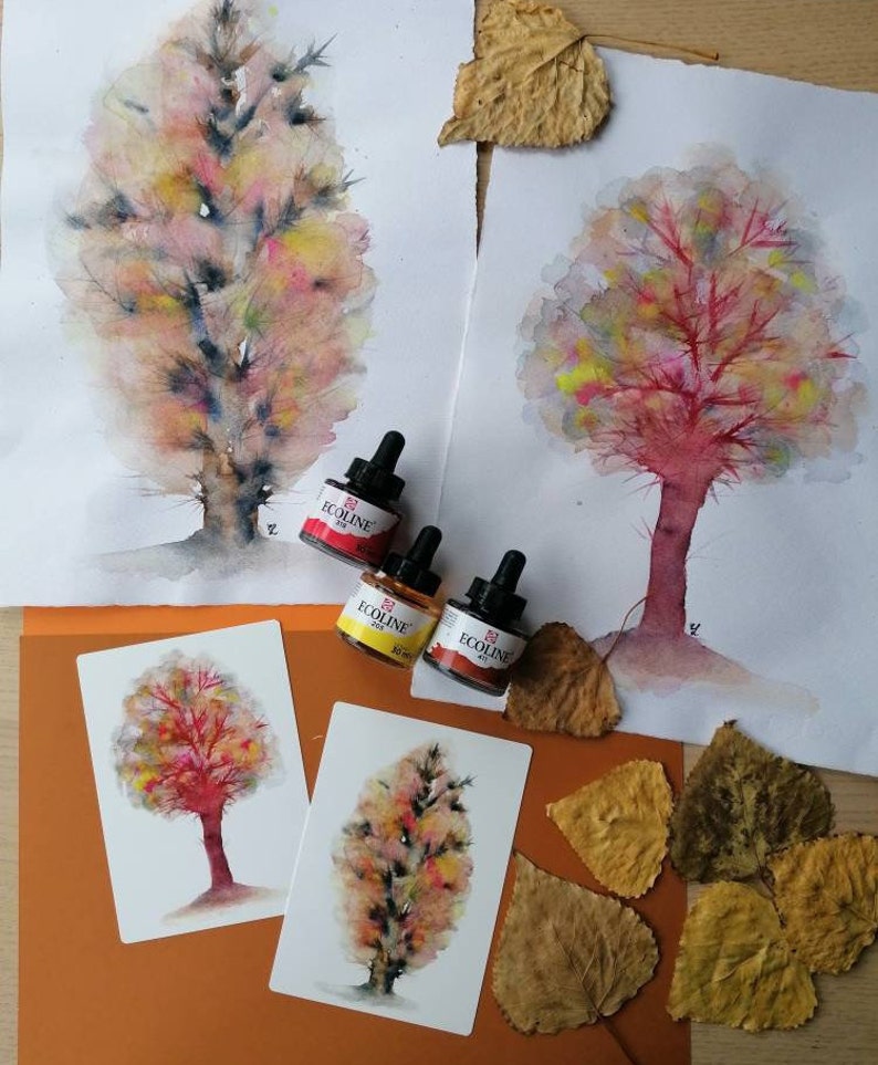 set of 2 notecards of watercolour illustrations with a vintage feeling+envelopes Trees Colourful trees.