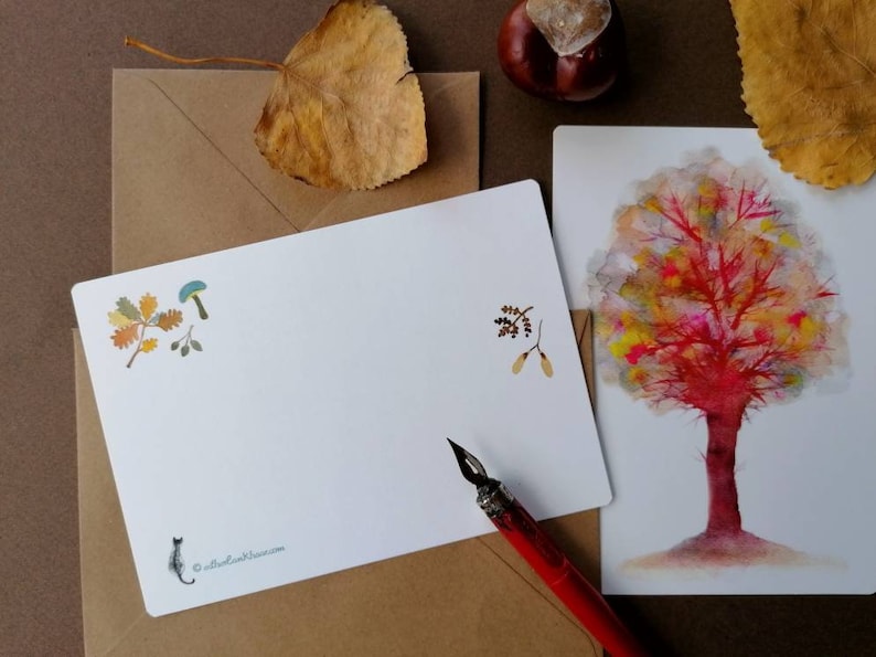 set of 2 notecards of watercolour illustrations with a vintage feeling+envelopes Trees Colourful trees.