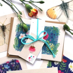 Fleurs & Papillons, 6 cartes de notes sur papier écologique avec un emballage de papier de culture avec des graines de fleurs sauvages à planter et à cultiver.