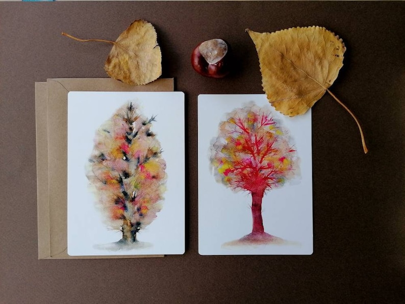 set of 2 notecards of watercolour illustrations with a vintage feeling+envelopes Trees Colourful trees.