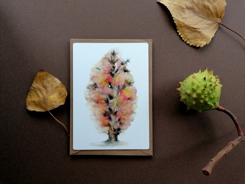 set of 2 notecards of watercolour illustrations with a vintage feeling+envelopes Trees Colourful trees.