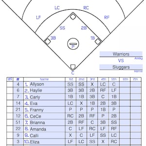 May include: A baseball field diagram with a table listing player names and positions. The table shows the names of 13 players, their jersey numbers, and their positions on the field for each inning. The team names are Warriors and Sluggers.