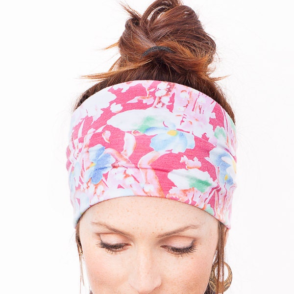 Pink Headband w Flowers - White Flowers - Flowery Headband - Yoga Headband Womens Hair Accessories Workout Headwraps Summer Sun Hat Running