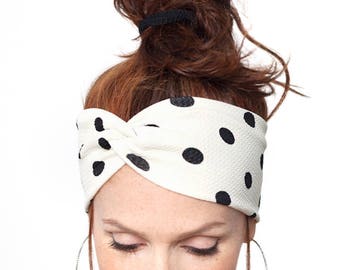 FREE SHIPPING White and Black Polka Dot Headband - OffWhite Headband White Turban Yoga Headband Workout Fitness Running Nurse Headband