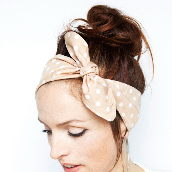 FREE SHIPPING Beige Polka Dot Nude Tie up Headband Hairband Dolly Bow Accessories Hair Headwrap Retro VIntage Rockabilly Creme de la creme