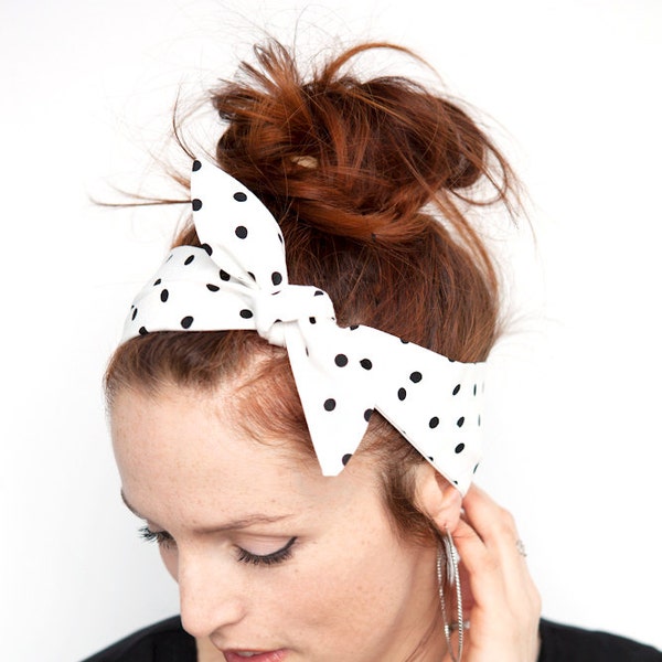 White Polka Dots Headband Black Dolly Bow Rockabilly Hair Scarf Pinup Bandana Hair Accessories Gift for her Vintage Style Creme de la