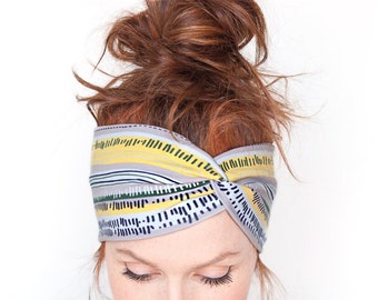 FREE SHIPPING Taupe and Yellow Headband - Black Lines Yoga Headband Womens Workout Headband Hair Accessories Headbands n Turbans Headwrap