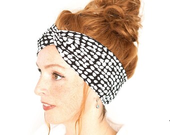 FREE SHIPPING - Black and White Polka Dot Headband - Black Turban Yoga Headband Workout Fitness Running Headband Comfortable headband Nurse