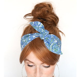 FREE SHIPPING Paisleys Headband Blue Tie on Headband Blue Hair Scarf Blue Hair Scarf Blue Headband Paisleys Pattern Women Headband Women image 1