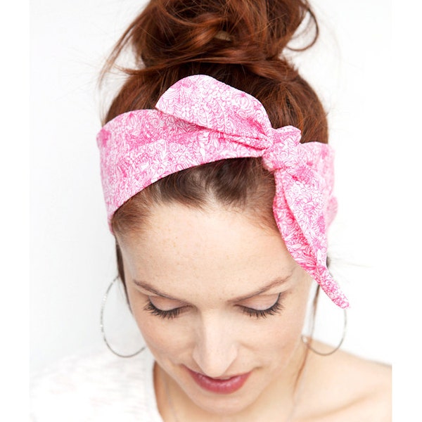 Doodle Pink Headband - Pink Dolly Bow Pink Doodles Drawing Pinup Rockabilly Bandana Womens Hair Accessories Women's Fashion Vintage Style