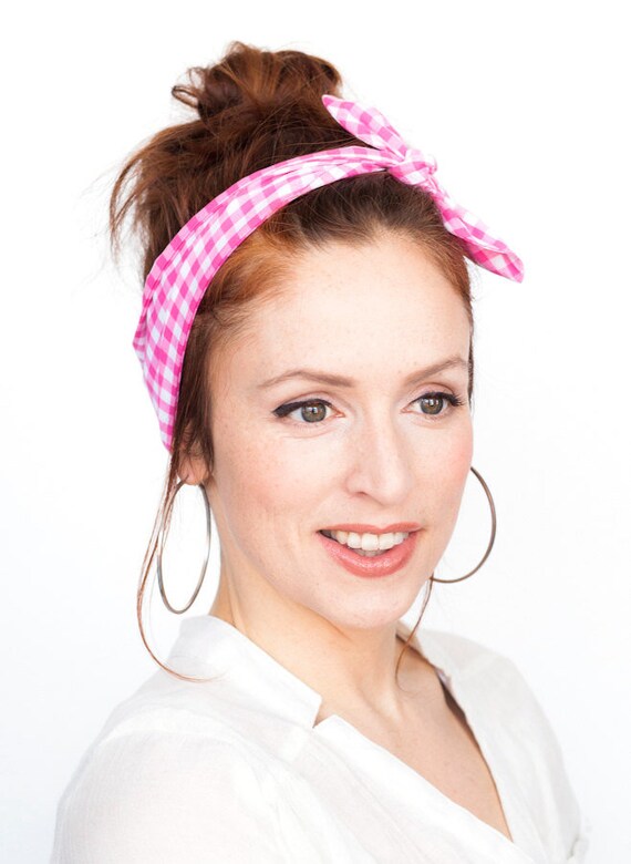 White And Pink Hair Scarf Pink Dolly Bow Pinup Bandana Tie Up Etsy