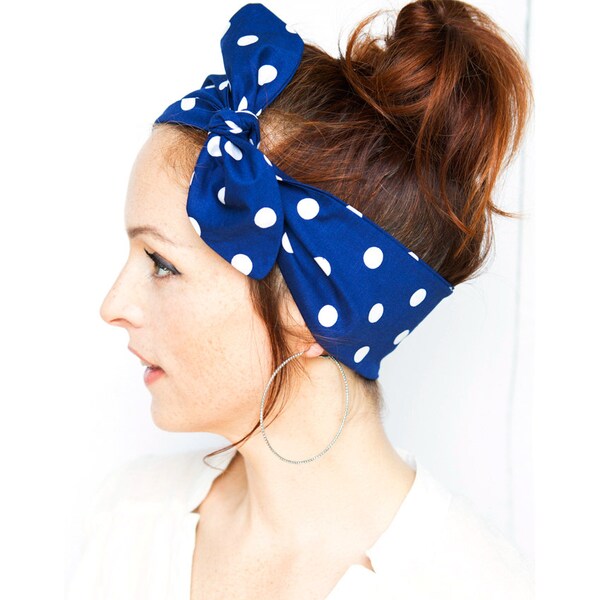 Dark Blue Polka Dot Tie on Headband Hairband Dolly Bow Accessories Hair Head Scarf Retro VIntage Rockabilly Nautical Navy Blue Fall Fashion