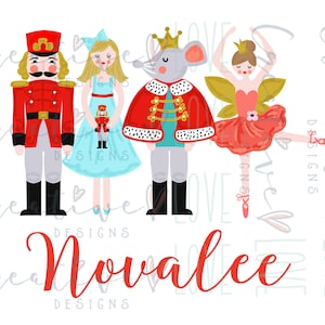 Könnte beinhalten: Eine digitale Illustration von Figuren aus dem Nussknacker-Ballett. Die Figuren umfassen einen Nussknacker-Soldaten, eine Ballerina, einen Mäusekönig und eine Zuckerfee. Die Illustration ist in einem skurrilen Stil mit leuchtenden Farben und kräftigen Linien gehalten. Der Text "Novalee" ist in roter Kursivschrift unter den Figuren geschrieben.