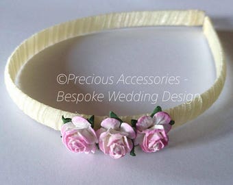 Pink & Ivory two tone 3 flower headband, Wedding Headband, Flower Girl Hair Band, Wedding Hair Accessories for Bridesmaids, Birthday