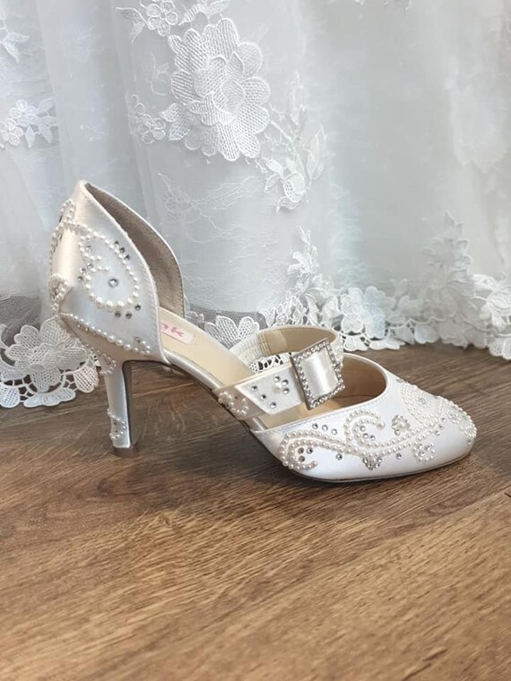 Ivory Satin Bridal Shoe Ivory Pearl And Diamante Shoes Etsy