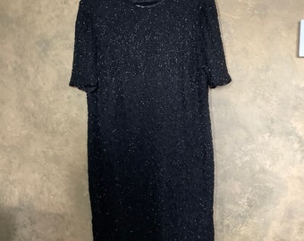 Vintage 80s Beaded Genuine Silk Sheath Midi Dress