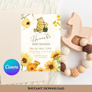 Convite editável para chá de bebê do Ursinho Pooh, modelo de convite para chá de bebê de abelha, decoração de festa de girassol, futura mamãe do Ursinho Pooh
