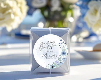 Something Blue before I Do bridal shower stickers, personalized blue floral favor labels, dusty blue wedding decor, blue toile bridal shower