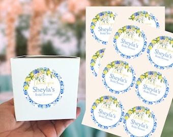 Italian Lemon Bridal Shower Stickers, Mediterranean Favor Labels, Blue and Yellow Tile Stickers, Amalfi Party Decoration Labels