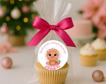 24 Gingerbread Christmas stickers, Custom Pink Gingerbread house labels, Pink Christmas Birthday, Oh What Fun Birthday, Gingerbread Girl