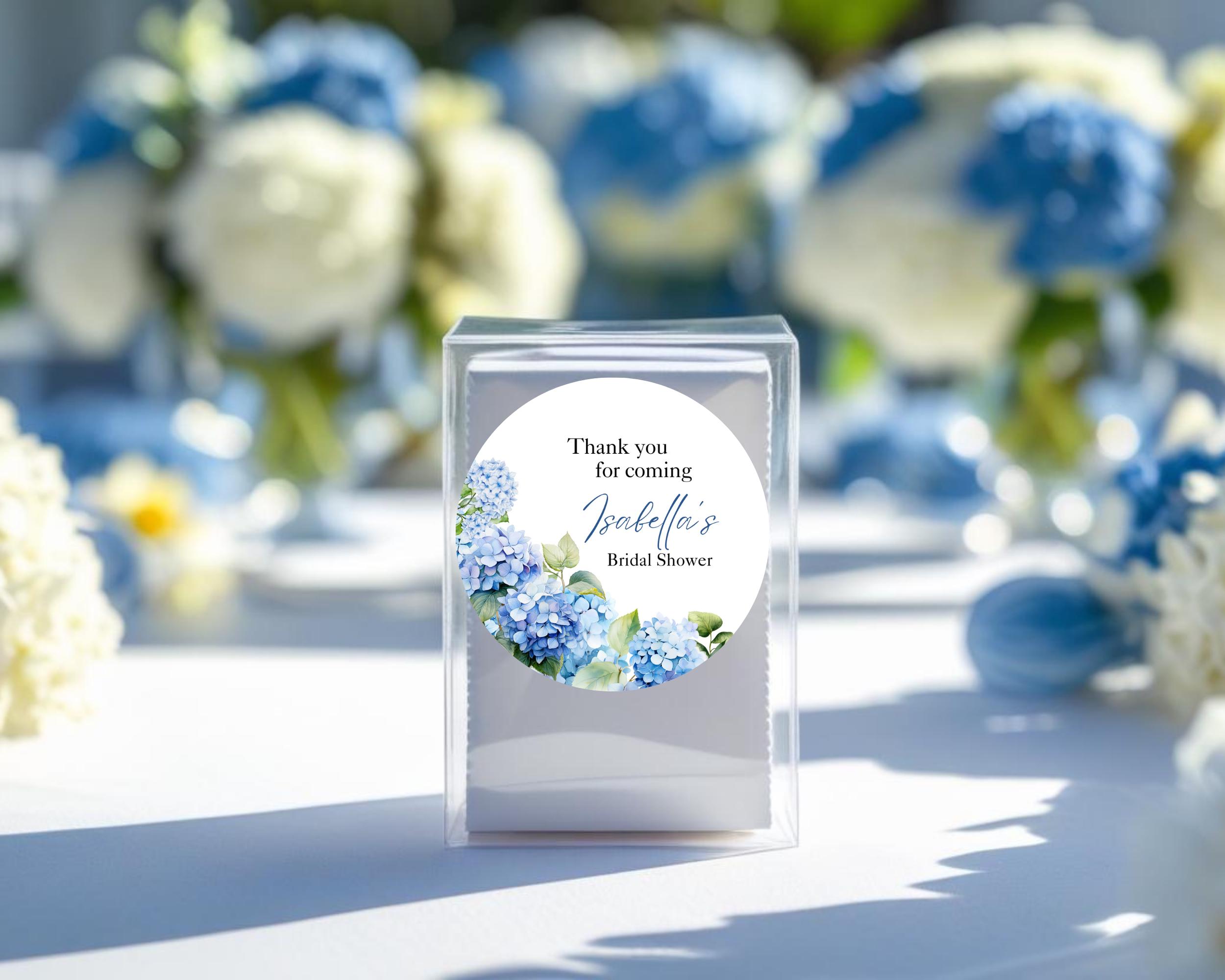 Hydrangea bridal shower stickers, something blue personalized favor labels, floral bridal brunch party decor, custom wedding stickers