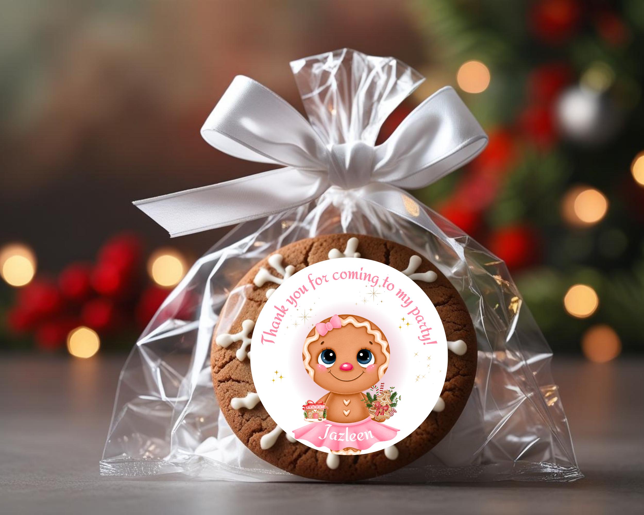 Pink Gingerbread custom stickers, Christmas party decoration, Christmas birthday labels